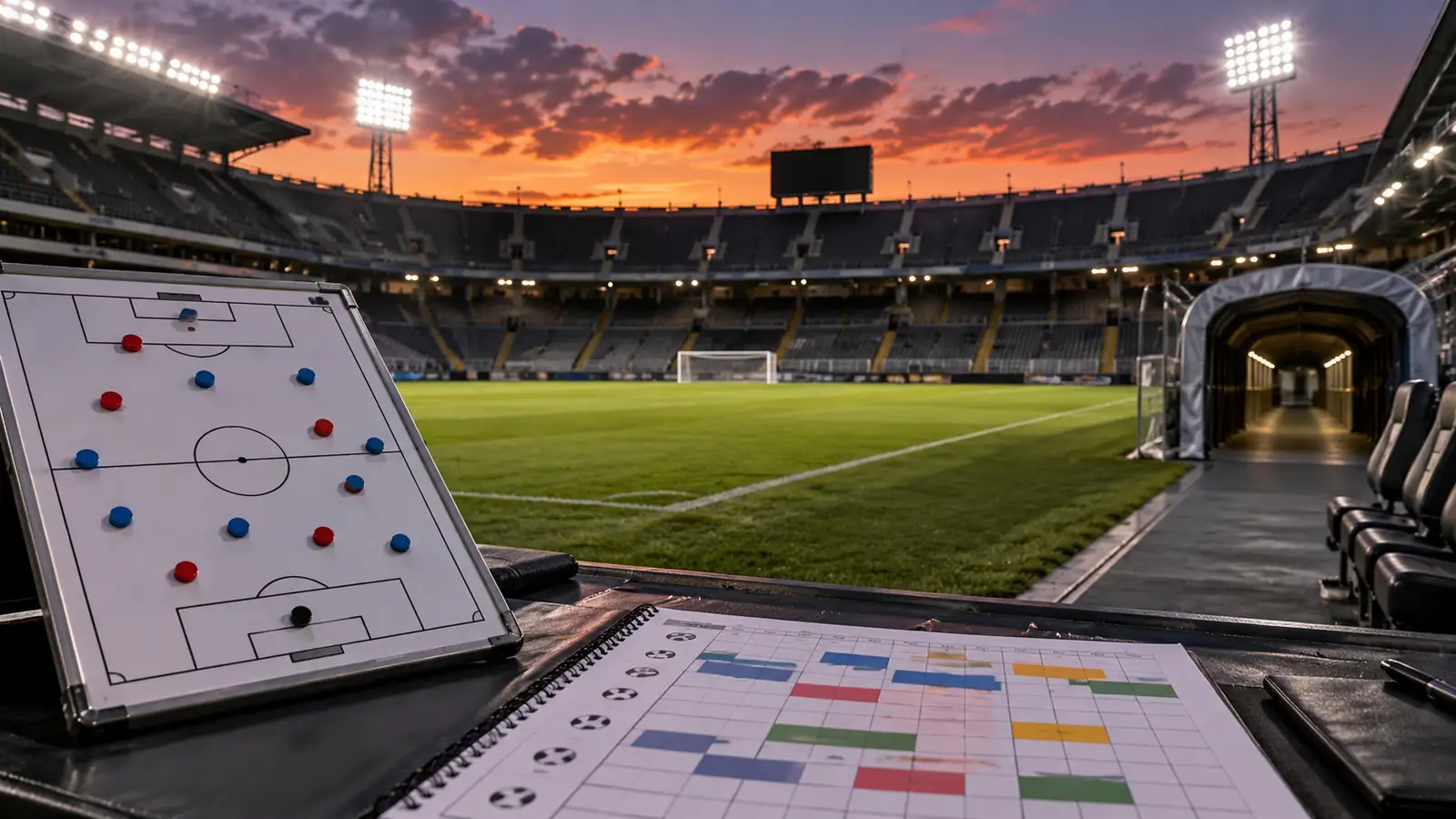 Estadio argentino vacío con una pizarra táctica y un calendario de partidos junto al campo de juego