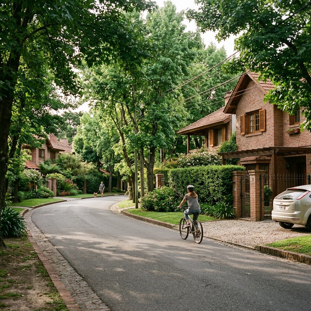 Típica calle de un barrio cerrado arbolado en Tortuguitas, Buenos Aires, Argentina, con casas de ladrillo a la vista y estilo autóctono, mucho verde y ligustros.