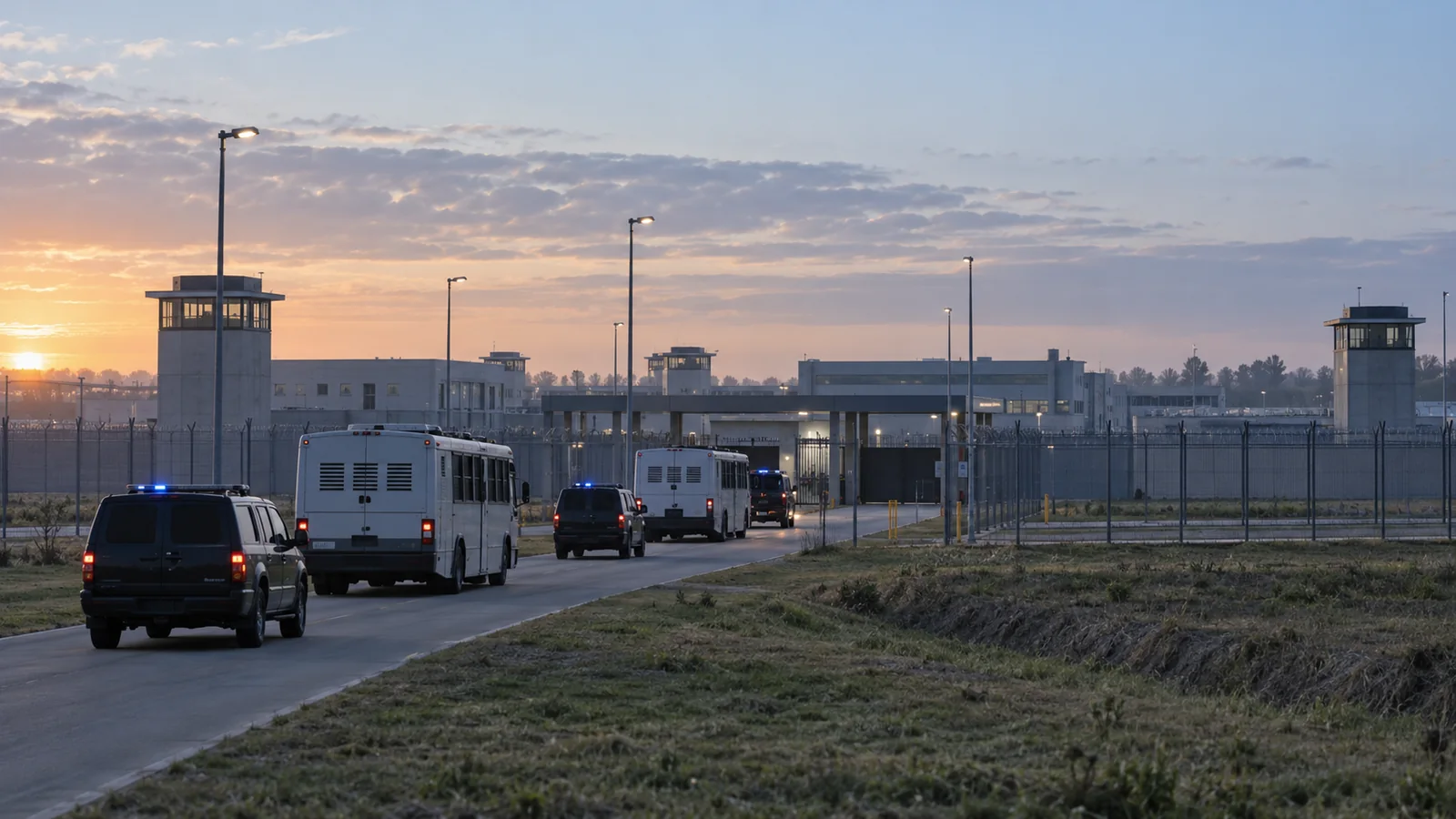 Vehículos de traslado ingresan a un complejo penitenciario moderno