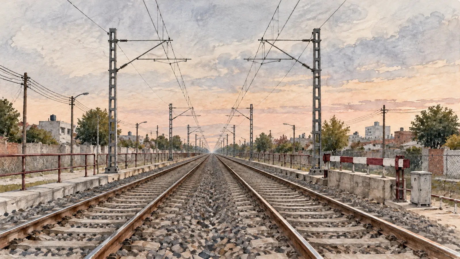 Vías ferroviarias con tendido eléctrico y una barrera de mantenimiento