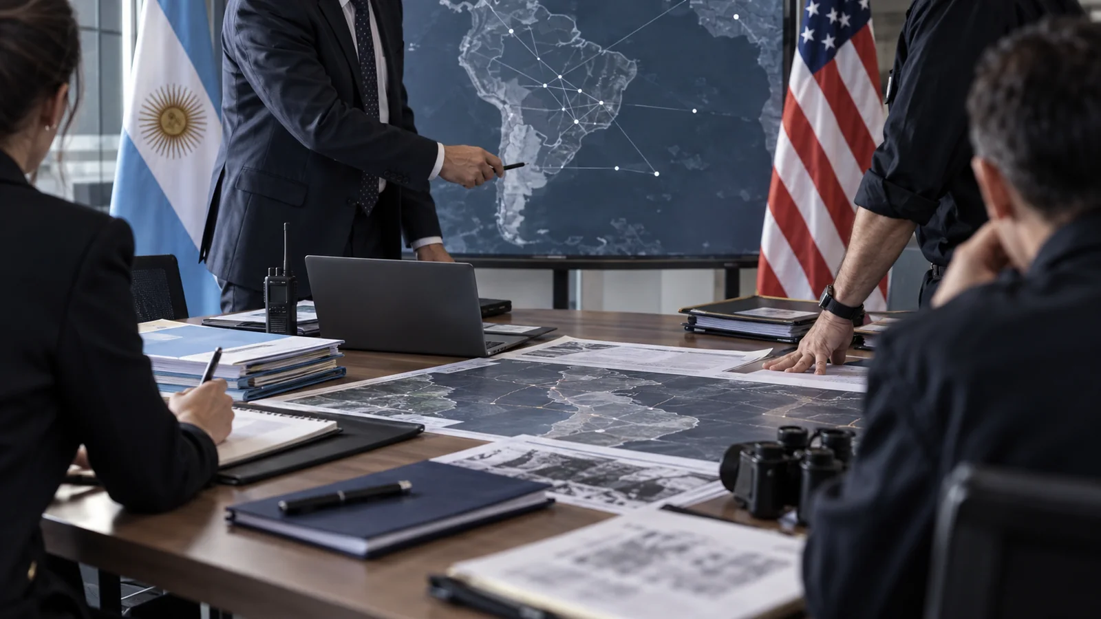 Reunión institucional sobre cooperación regional con mapas de Sudamérica y equipos de trabajo