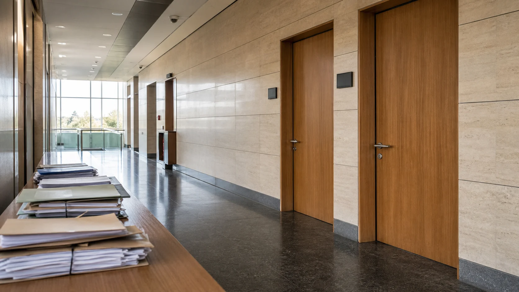 Pasillo de un edificio judicial con expedientes apilados sobre una mesa