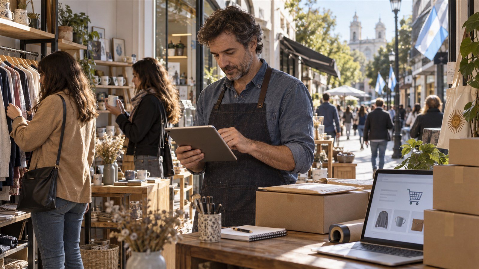 Comerciante revisa ventas digitales en una tienda de barrio con clientes