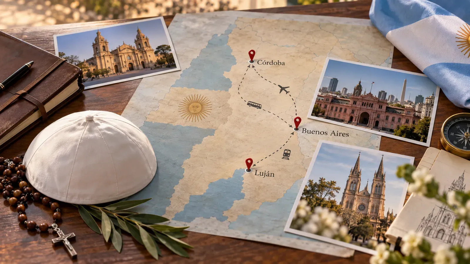 Ilustración editorial de un mapa argentino y símbolos vinculados a una visita papal