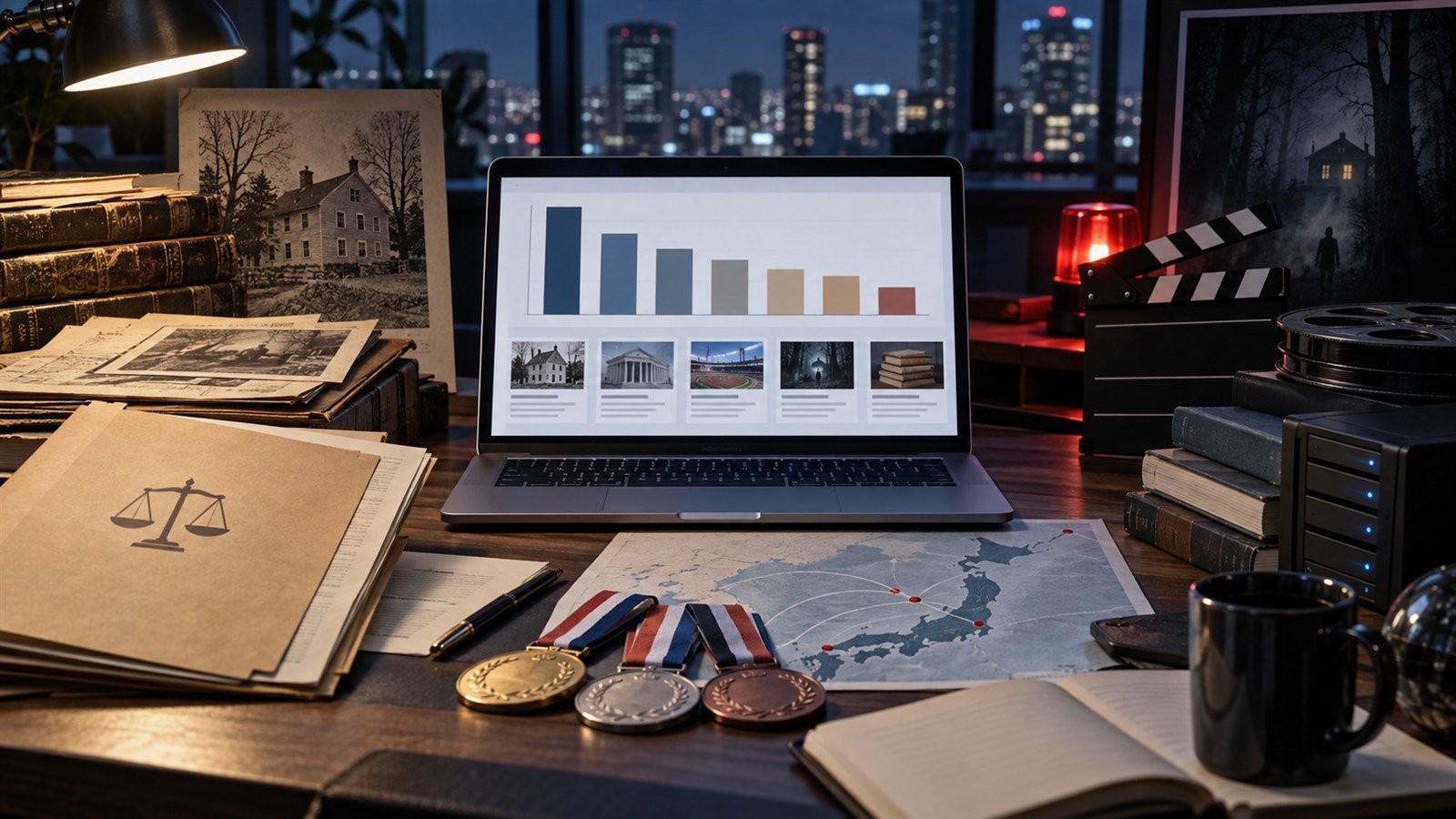 A newsroom desk with a laptop displaying a seven-item reading chart, archival files, medals, books and a film clapperboard