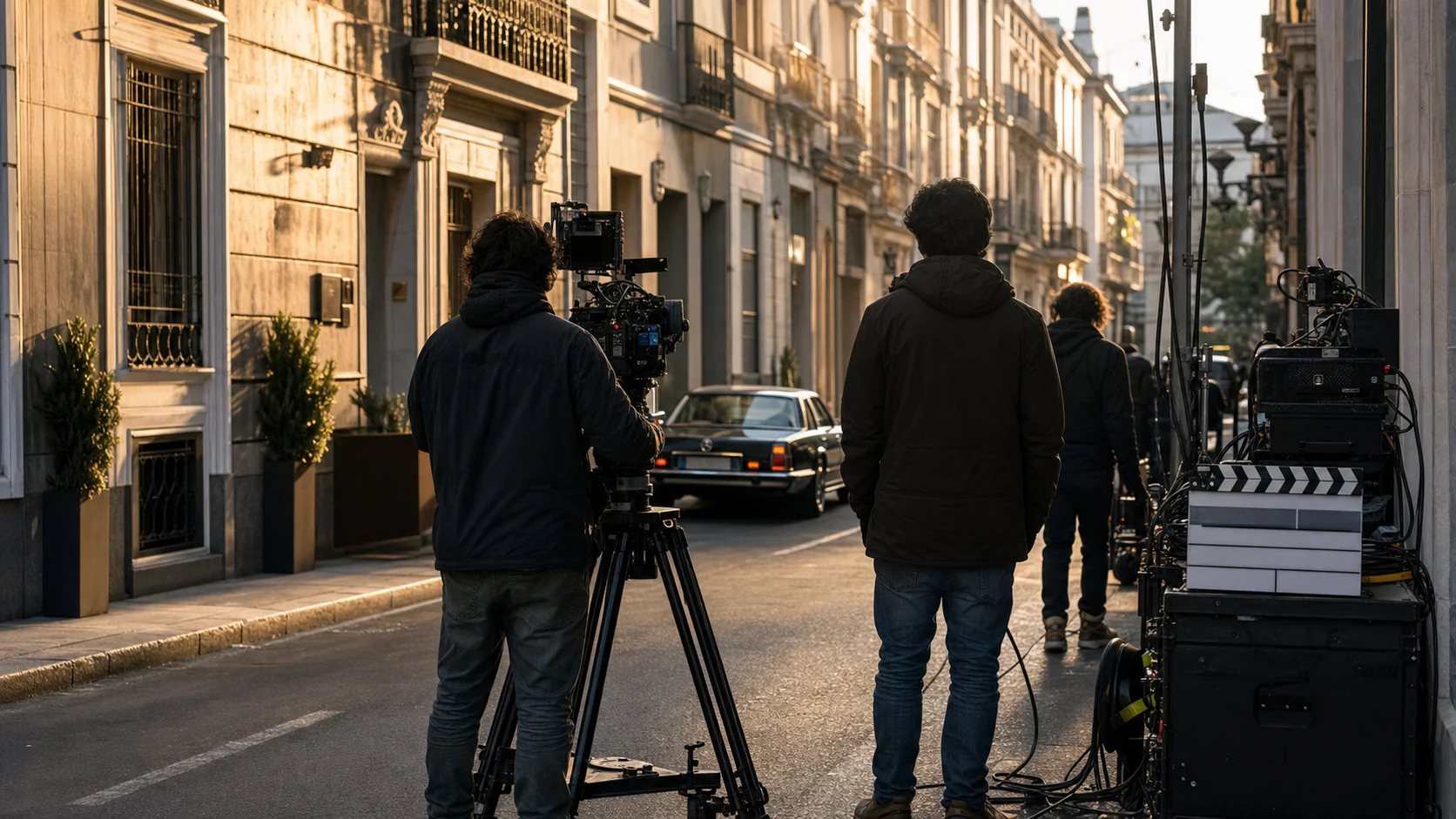 Equipo de cine prepara una cámara durante un rodaje en una calle de Madrid