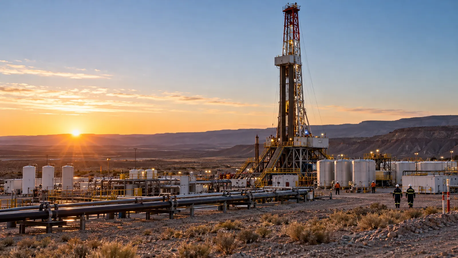 Instalación petrolera con torre de perforación y tuberías en un paisaje patagónico
