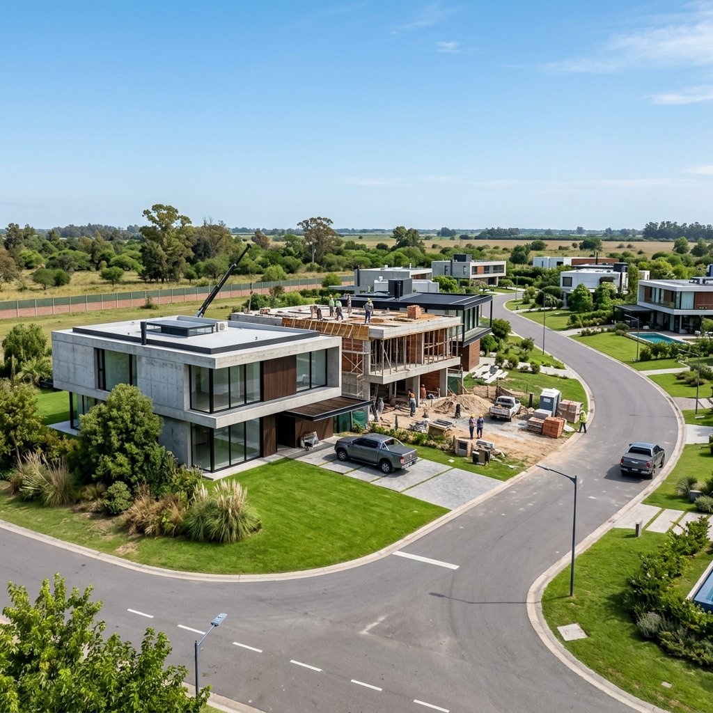 Construcción residencial moderna en un barrio privado de Argentina.