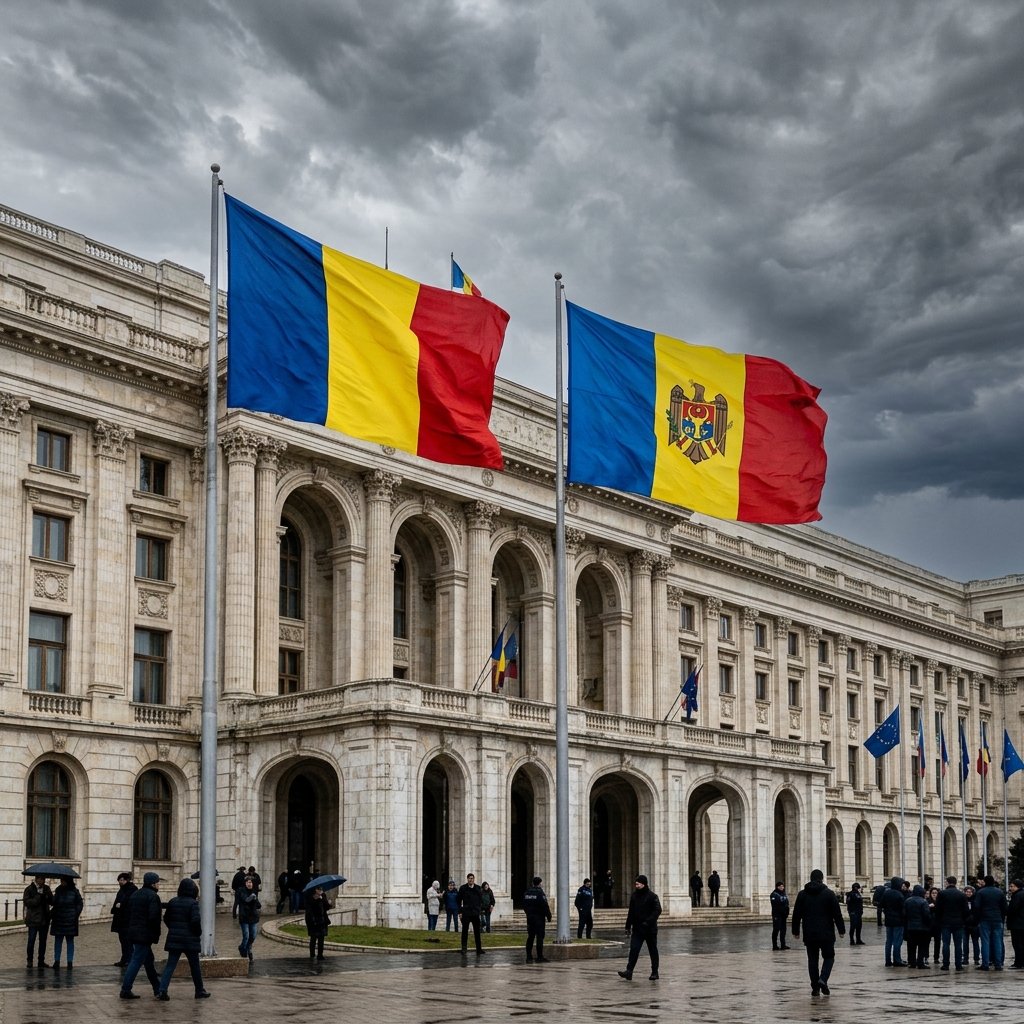 Banderas de Rumania y Moldavia ondeando juntas en una manifestación a favor de la reunificación.